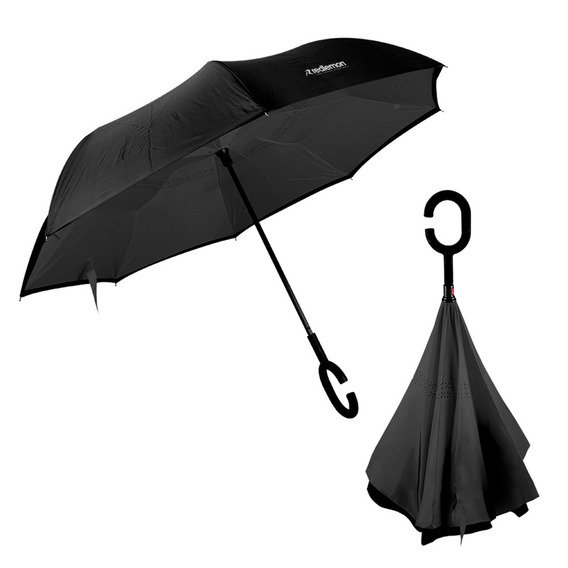Redlemon Paraguas Invertido con Doble Refuerzo, Sombrilla Resistente a Vientos y Lluvias Fuertes, Mango Ergonómico en Forma C, Paraguas Grande Reversible Libre de Escurrimientos, Color Negro