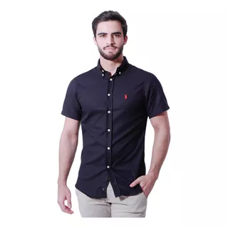 Camisa Ralph Lauren Oxford Manga Curta Masculina Preta