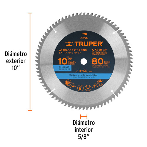Disco 10'' Sierra Alumin 5/8 80 Dientes Carburo Truper 18310