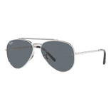 Anteojos de sol Ray-Ban Aviator New Aviator Mediano con marco de metal color polished silver, lente blue de cristal clásica, varilla polished silver de metal - RB3625