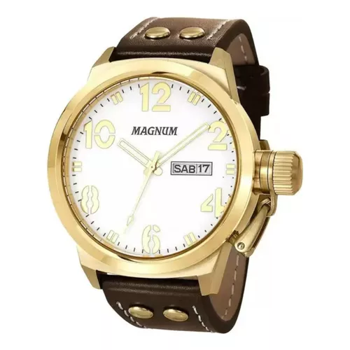 Relógio Magnum Masculino Couro Marrom Original Nota Fiscal Cor Do Bisel  Dourado Cor Do Fundo Preto