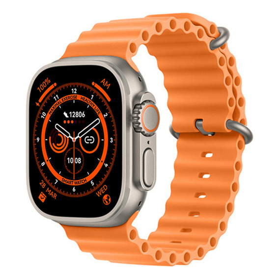 Smartband Genérica Serie 8 t800 ultra Sport 1.8" caja 49mm de  titanio gris, malla  naranja de  silicona