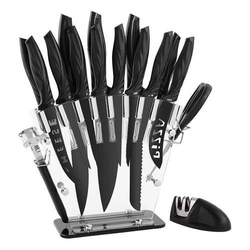 Set Cuchillos Cuori +accesorios 17 Piezas+ Afilador +soporte Color Negro