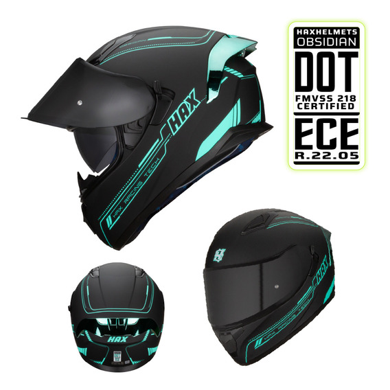 Casco Hax Integral Obsidian Negro Mate Turquesa Certificado Color Negro mate/Turquesa Tamaño del casco XL (61-62 cm)