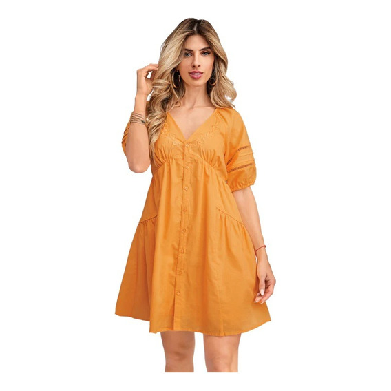 Vestido Dama Amarillo Mangas Globo Y Bordado 991-66