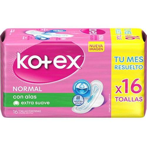 Toallitas femeninas Kotex Normal con alas 16 u