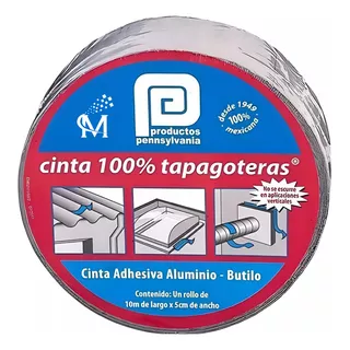 Cinta 100 % Tapagoteras Pennsylvania ,10 Cm De Ancho X 10 M. Color Plateado Aluminio