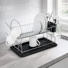 Hogar Actual Escurre Platos Seca Platos Cromado Con Bandeja Y Cubiertero Doble Chico 441 Color Negro