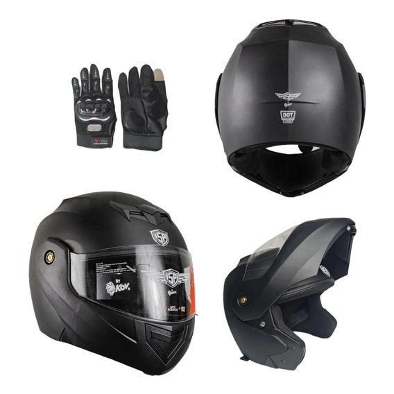 Casco Moto Abatible Isp Kov Negro Mate Certificado + Guantes