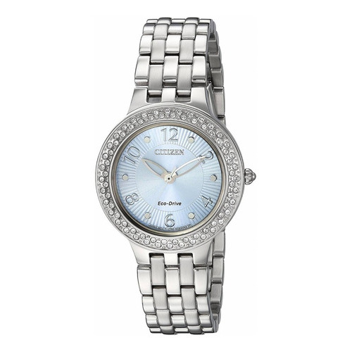 Reloj de pulsera Citizen Eco-Drive FE2080-56L, analógico, para mujer, fondo azul claro, con correa de acero inoxidable color plateado, bisel color plateado y desplegable