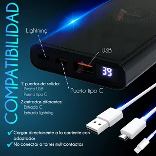 Power Bank Pila Bateria 10000mah Portatil Carga Inalámbrica Color Negro