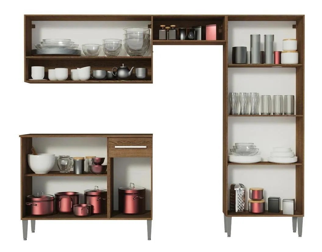 Armário de cozinha modulada completa compacta Emilly pop com armário e balcão cor rustic/preto - Imagem 4