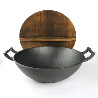 Wok De Hierro Fundido Con Tapa De Madera - Camping Fogones