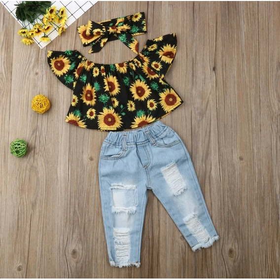 Ropa Bebé Niña Blusa Girasoles + Pantalón Y Cintillo.