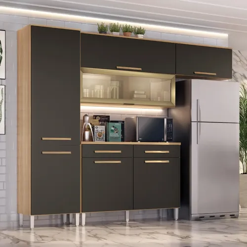 Armário De Cozinha Girassol 7 Portas 2gav Pés Reguláveis Cor Teka