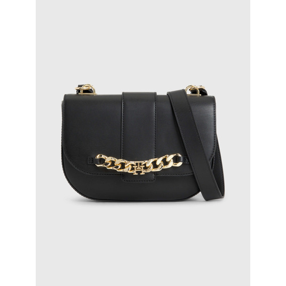 Bolso Bandolera Negra Solapa Y Cadena Tommy Hilfiger Mujer