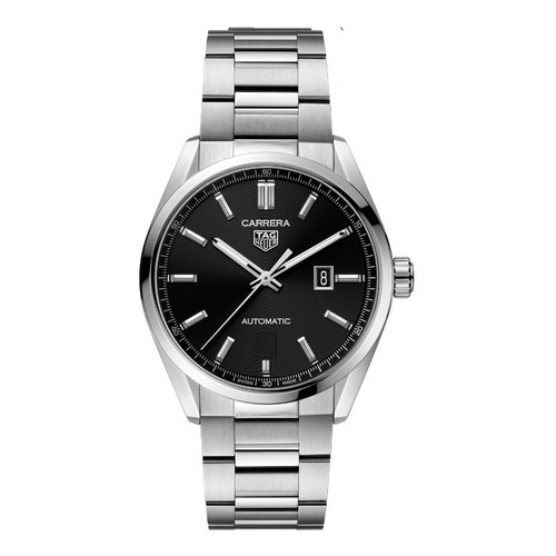 Reloj de pulsera TAG Heuer Wbn2112.ba0639, para hombre, fondo negro, con correa de acero inoxidable color plateado, bisel color plateado y desplegable