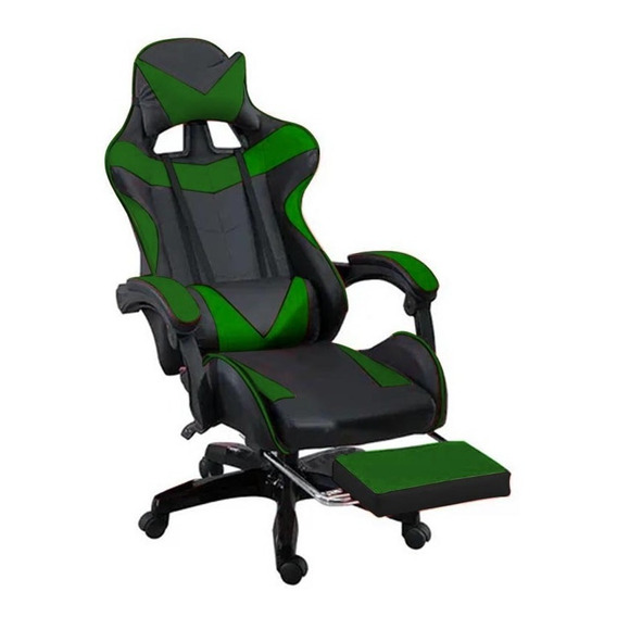 Silla Gamer Negra Y Verde Con Posa Pie