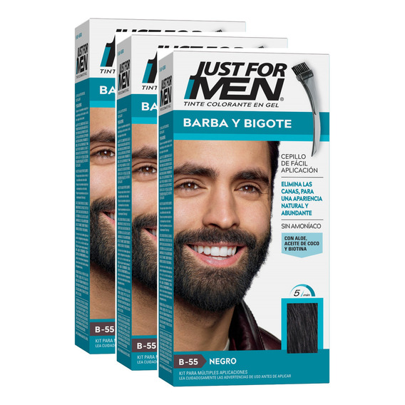  Tintura Gel Para Barba Y Bigote Hombre Just For Men Tono Negro Formula Original Kit X 3 Unidades - Sin Amoniaco - Solo 5 Minutos - Rapido Y Facil -