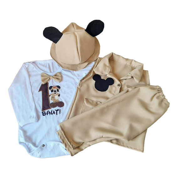 Set Mickey Safari: Body Bordado, Chaleco, Pantalón, Gorro