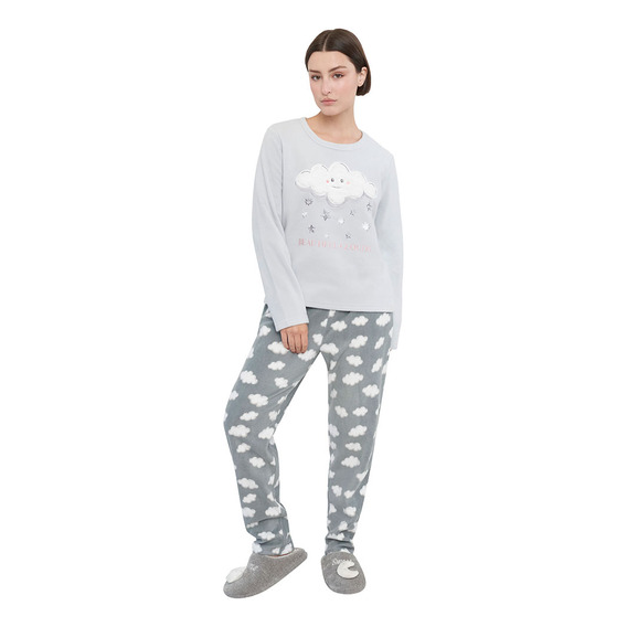 Pijama Mujer Polar Básico Gris Nubes Corona