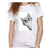 Camiseta Dama Estampada gato Gris Mirada