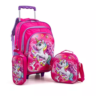 Mochila Con Carro + Lunchera + Cartuchera Escolar Unicornio 