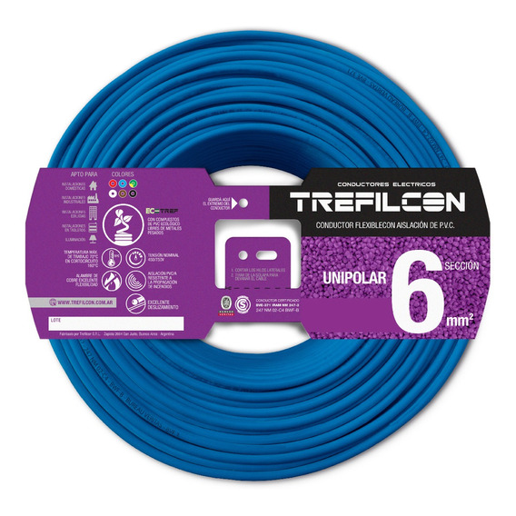 Cable Electrico Trefilcon Normalizado Unipolar 1x6mm Color Celeste X 25 Metros