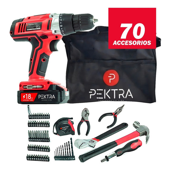 Taladro Inalambrico Pektra 18v + Bolso + 68 Accesorios Color Rojo Frecuencia 60 MHz