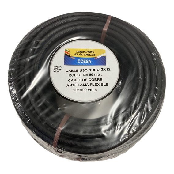 Cable Uso Rudo 2x12 Negro Rollo 50 Mts 100% Cobre