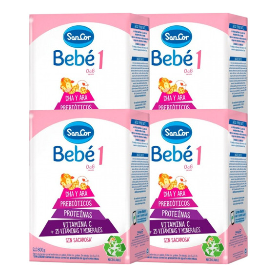 Combo X4 Sancor Leche Infantil Bebe 1 En Polvo 800 Gramos