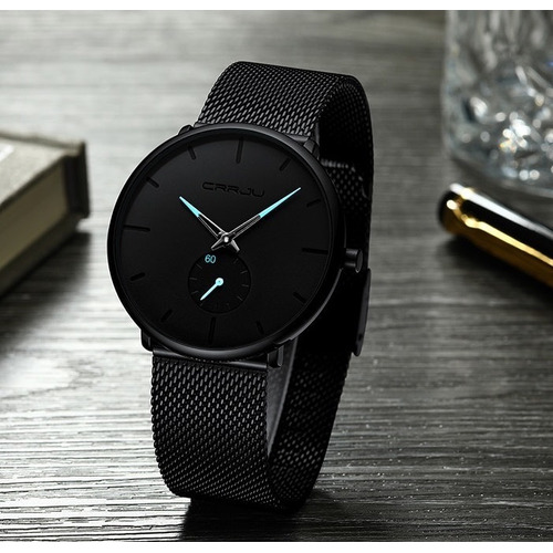 Reloj de pulsera Crrju 2150 de cuerpo color negro, relojes de pulsera hardlex, para hombre, con correa de acero inoxidable color, bisel color azul y velcro