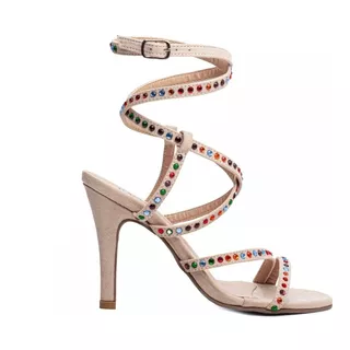 Sandália Salto Fino 10cm Luxo Preta Com Apliques Coloridos