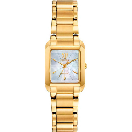 Reloj de pulsera Citizen Citizen L Bianca EW5552-53D de cuerpo color dorado, analógico, para mujer, fondo madre perla 61268, con correa de acero inoxidable color y mariposa