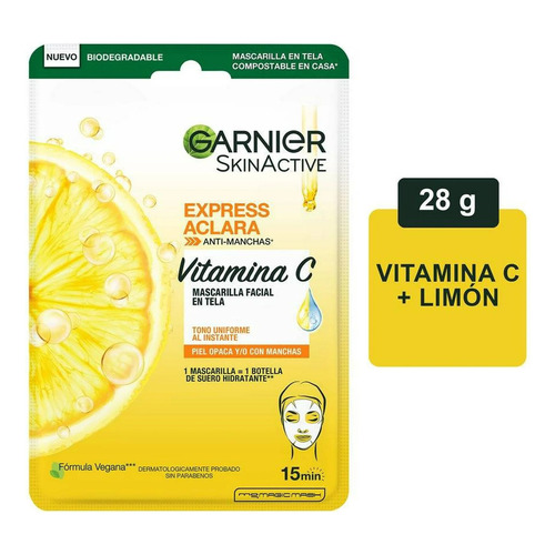Mascarilla Facial En Tela Garnier Skin Active Express Aclara Anti-Manchas Vitamina C