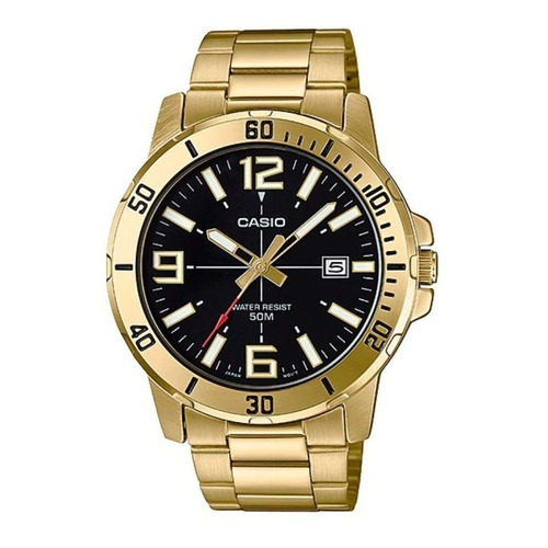 Reloj pulsera Casio Dress MTP-VD01sg1-B de cuerpo color dorado, analógico, para hombre, fondo negro, con correa de acero inoxidable color dorado, agujas color dorado, blanco y rojo, dial blanco y dorado, minutero/segundero blanco, bisel color dorado y desplegable