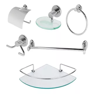 Kit Banheiro Inox Com Porta Shampo De Canto Linha Extra Luxo