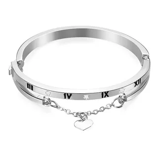 Pulseira Feminina Número Romano E Pingente Coração Aço Inox 