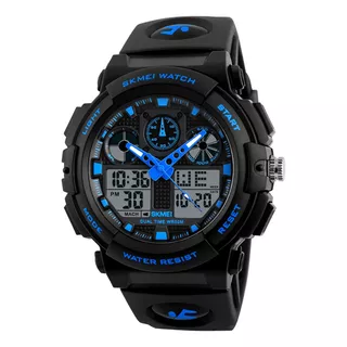 Reloj Pulsera Skmei Análogo Digital 1270 De Cuerpo Color Negro, Analógico-digital, Para Hombre, Fondo Negro, Con Correa De Poliuretano Color Negro, Agujas Color Azul Y Blanco, Dial Azul, Subesferas Co