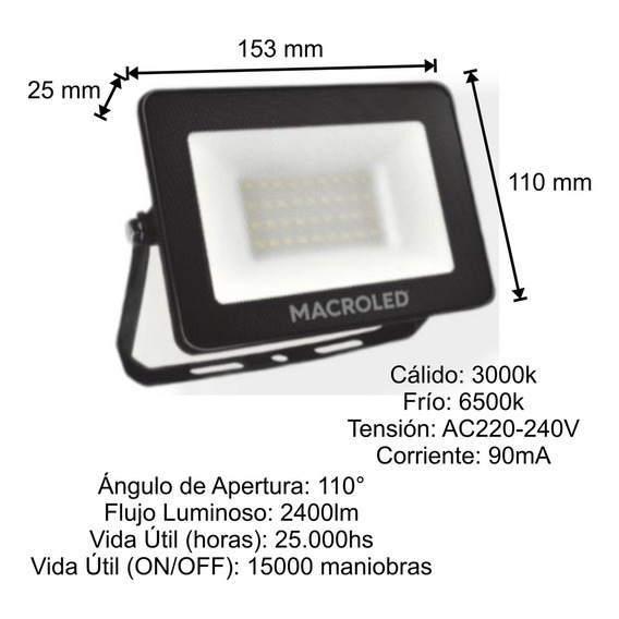 Reflector Led 30w Exterior Alta Potencia Ip65 Macroled Blanco frío