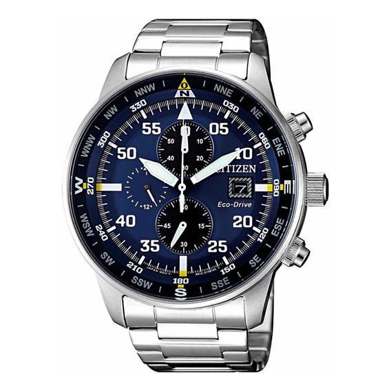 Reloj pulsera Citizen EcoDrive CA069 de cuerpo color plateado, analógico, para hombre, fondo azul, con correa de acero inoxidable color plateado, agujas color blanco, dial blanco y amarillo, subesfera