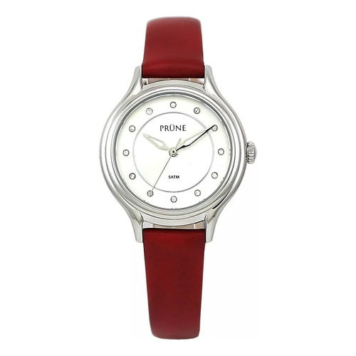 Reloj Prune Dama Pru-5063-04 Malla Cuero Rojo Color Del Bisel Plateado Color Del Fondo Blanco