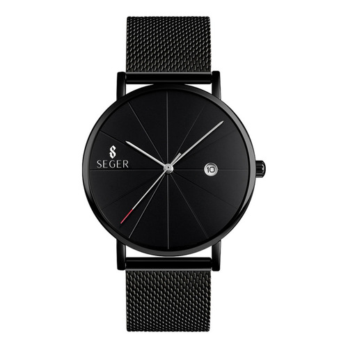 Reloj pulsera SEGER 9183, analógico, fondo negro, con correa de acero color negro, bisel color negro y hebilla de gancho