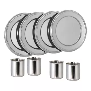 Set De 4 Platos Y 4 Vasos Vima Acero Inoxidable Pulido