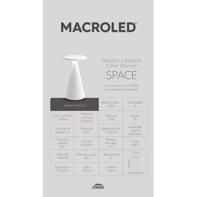 Velador De Mesa Space Blanco Inalámbrica Led Mc