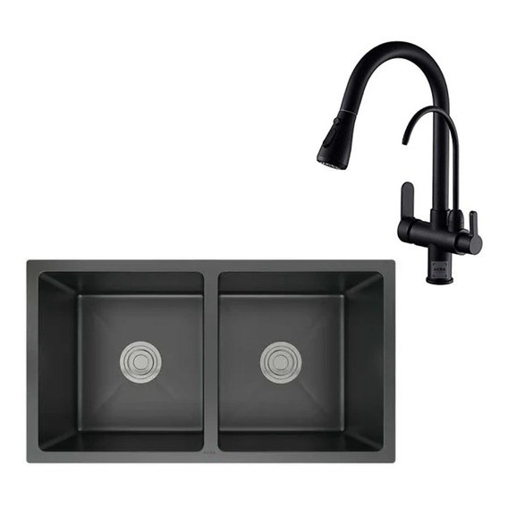 Pileta Doble De Acero Inox Negro + Canilla Para Cocina 