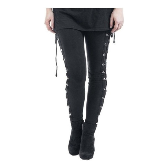Women Gothic Lace-up Side Leggings Black Leather