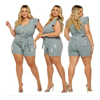Macaquinho Jardineira Short Jeans Feminino Plus Size Lycra!!