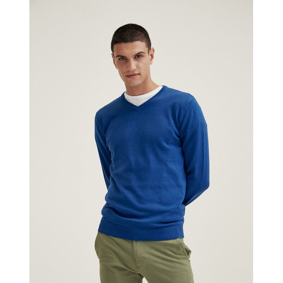 Sweater Nidda, Hombre, Escote V, Algodón, Azul, Equus