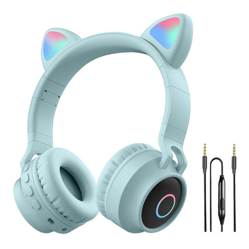 Auriculares Bluetooth Recargable Orejas Gato Luz Led Usb Color Azul